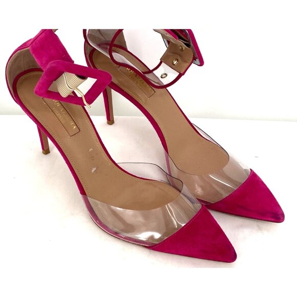 AQUAZZURA Pink Suede Nude Clear PVC Heels Ankle Wrap Shoes Pumps Heels Sz 38.5 - Picture 13 of 16